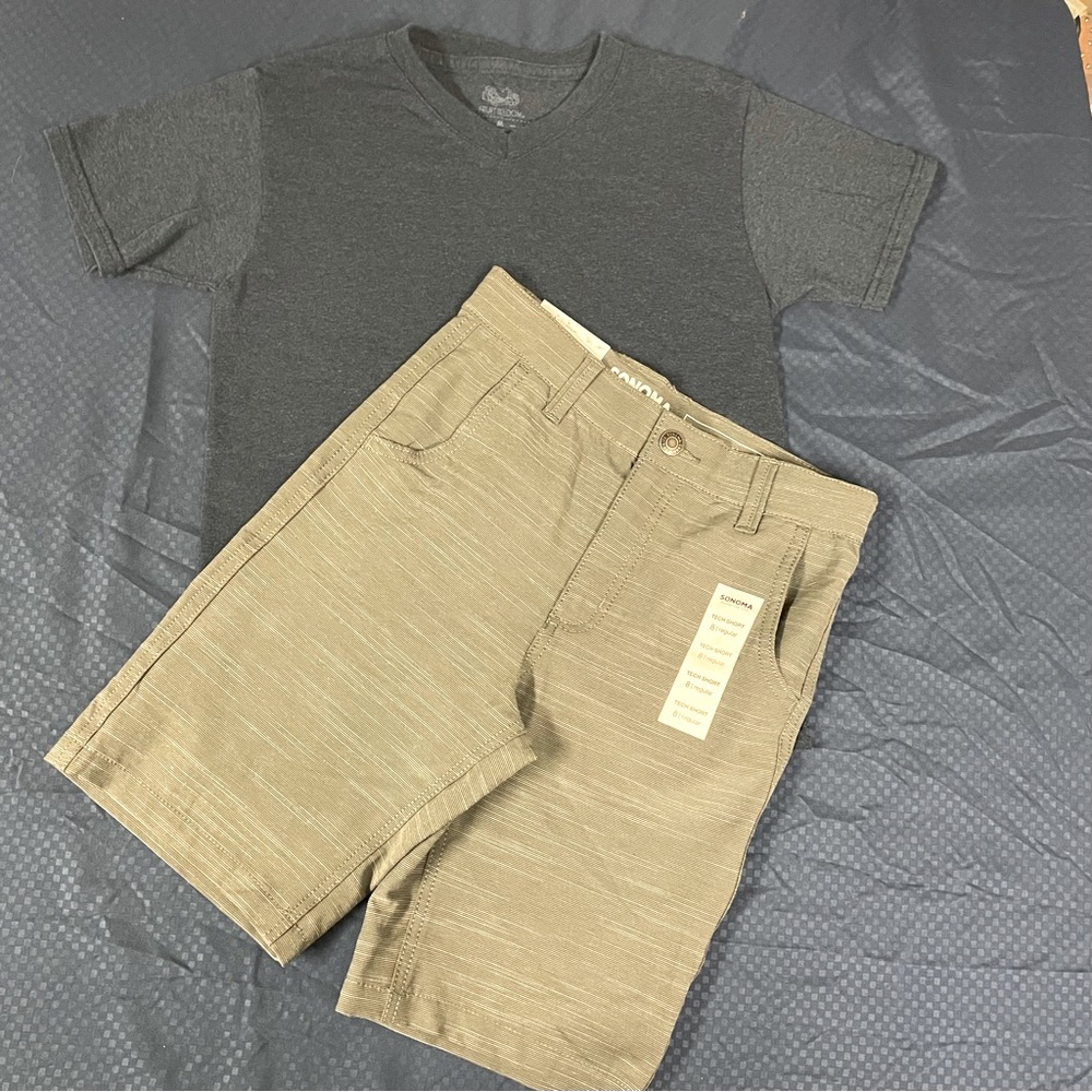 Youth Boys Size 8 Outfit. NWT gray Shorts with gently used navy v neck shirt.